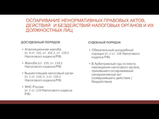 ОСПАРИВАНИЕ НЕНОРМАТИВНЫХ ПРАВОВЫХ АКТОВ, ДЕЙСТВИЙ И БЕЗДЕЙСТВИЙ НАЛОГОВЫХ ОРГАНОВ И ИХ ДОЛЖНОСТНЫХ