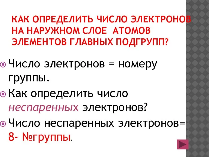 КАК ОПРЕДЕЛИТЬ ЧИСЛО ЭЛЕКТРОНОВ НА НАРУЖНОМ СЛОЕ АТОМОВ ЭЛЕМЕНТОВ ГЛАВНЫХ ПОДГРУПП? Число