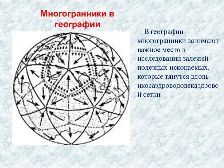 В географии – многогранники занимают важное место в исследовании залежей полезных ископаемых,