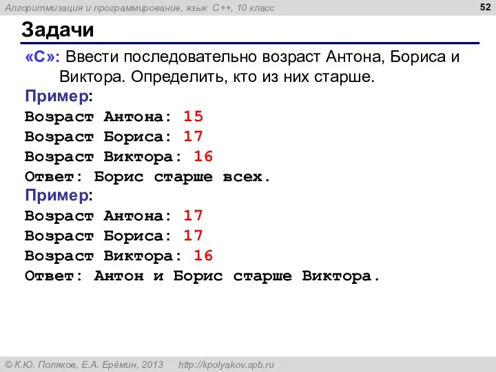 Задачи «C»: Ввести последовательно возраст Антона, Бориса и Виктора. Определить, кто из