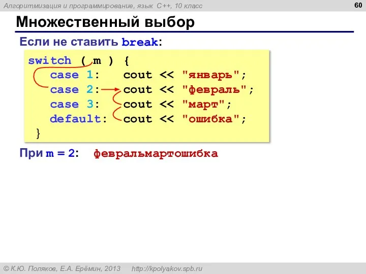 Множественный выбор switch ( m ) { case 1: cout case 2: