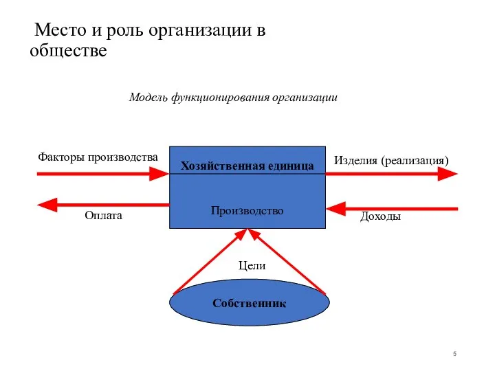 Место и роль организации в обществе Модель функционирования организации Хозяйственная единица Производство