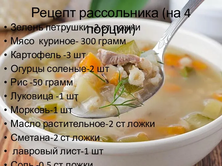 Рецепт рассольника (на 4 порции) Зелень петрушки -2 ст ложки Мясо куриное-