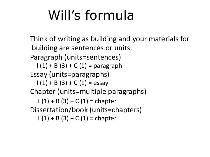 Will’s formula Think of writing as building and your materials for building