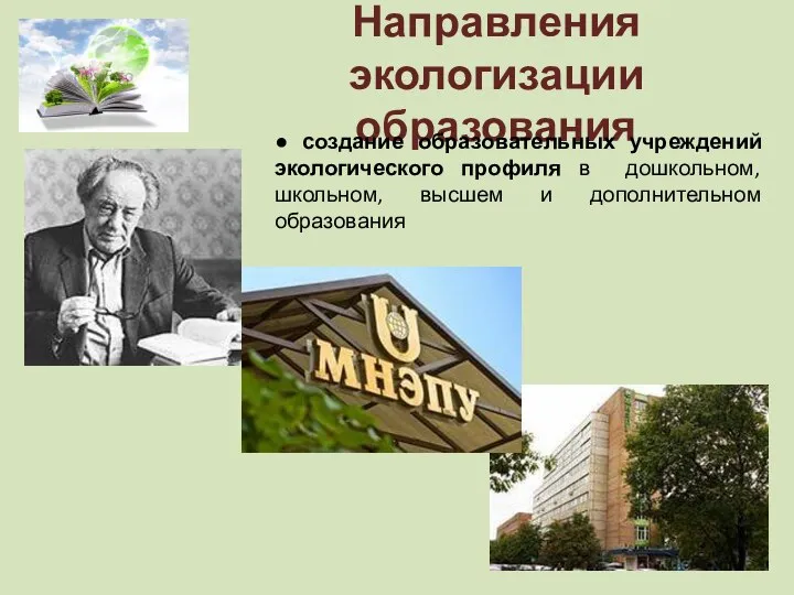 Направления экологизации образования ● создание образовательных учреждений экологического профиля в дошкольном, школьном, высшем и дополнительном образования