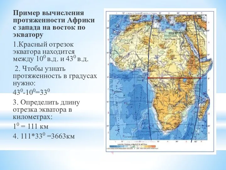 Пример вычисления протяженности Африки с запада на восток по экватору 1.Красный отрезок