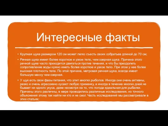 Интересные факты Крупная щука размером 120 см может легко съесть своих собратьев