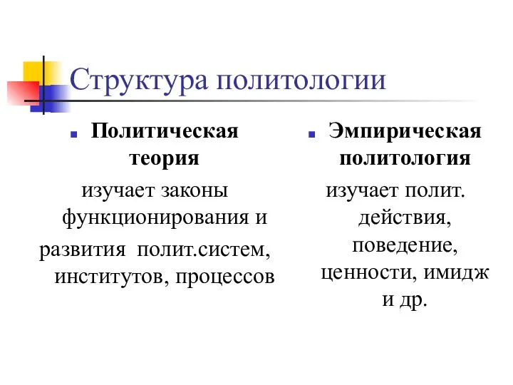 Структура политологии Политическая теория изучает законы функционирования и развития полит.систем, институтов, процессов