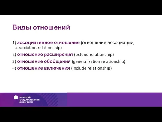 Виды отношений 1) ассоциативное отношение (отношение ассоциации, association relationship) 2) отношение расширения