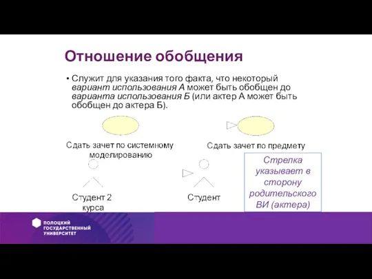 Отношение обобщения Служит для указания того факта, что некоторый вариант использования А