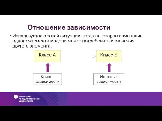 Отношение зависимости Используется в такой ситуации, когда некоторое изменение одного элемента модели