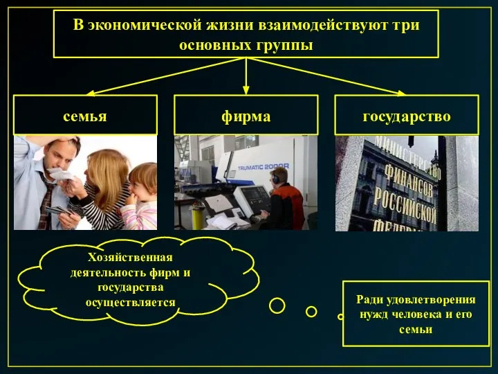 В экономической жизни взаимодействуют три основных группы семья фирма государство Хозяйственная деятельность