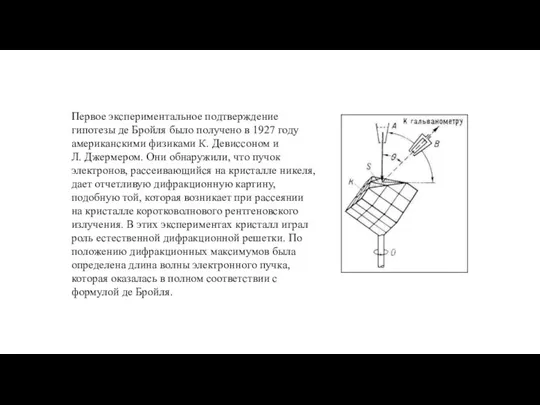 Первое экспериментальное подтверждение гипотезы де Бройля было получено в 1927 году американскими