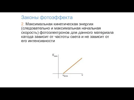 Законы фотоэффекта 2. Максимальная кинетическая энергия (следовательно и максимальная начальная скорость) фотоэлектронов