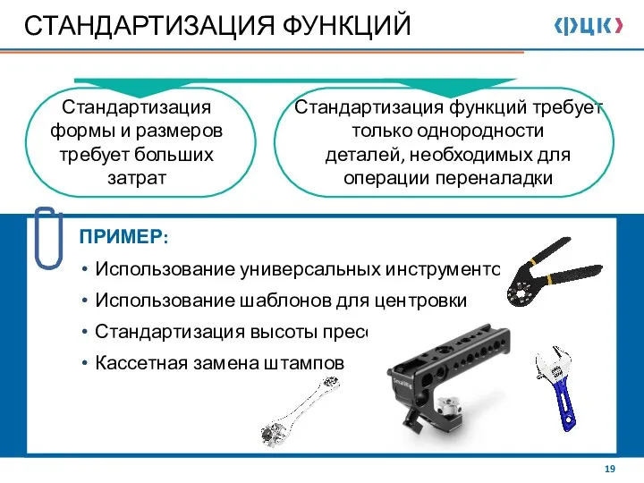 ПРИМЕР: Использование универсальных инструментов Использование шаблонов для центровки Стандартизация высоты пресс-форм Кассетная