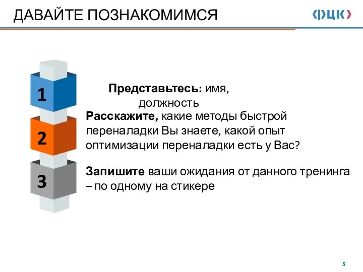 ДАВАЙТЕ ПОЗНАКОМИМСЯ 1 2 3 Представьтесь: имя, должность Расскажите, какие методы быстрой