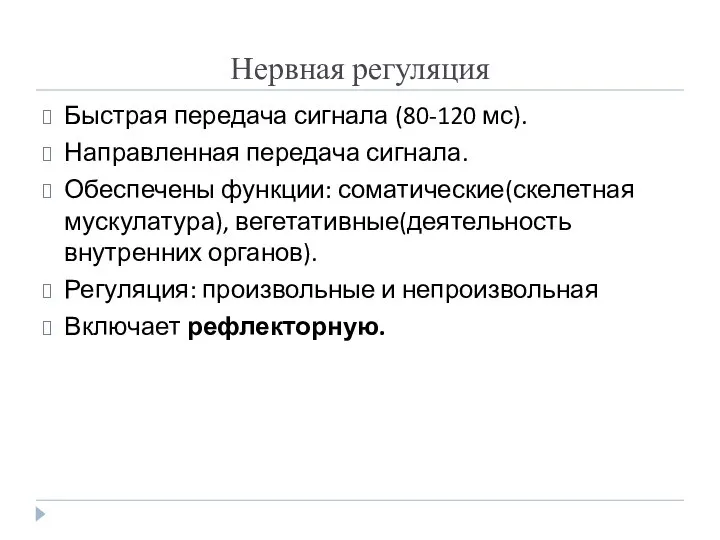 Нервная регуляция Быстрая передача сигнала (80-120 мс). Направленная передача сигнала. Обеспечены функции: