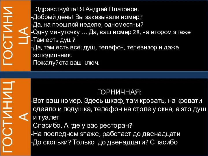 ГОСТИНИЦА - Здравствуйте! Я Андрей Платонов. Добрый день! Вы заказывали номер? Да,