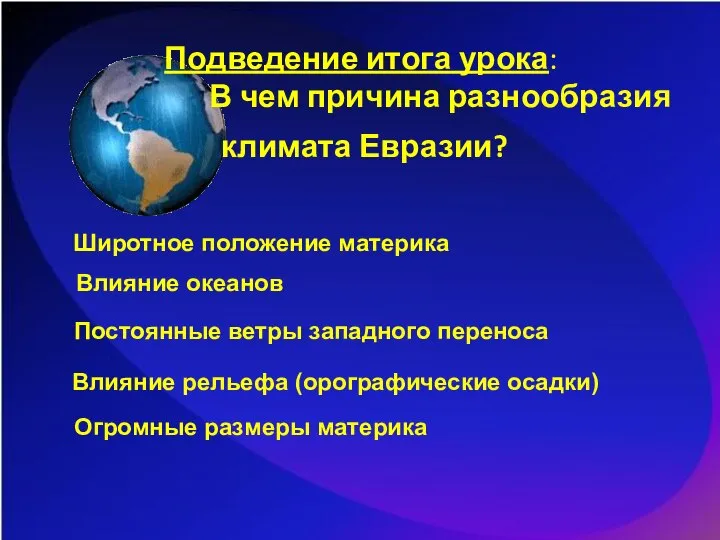 Подведение итога урока: В чем причина разнообразия климата Евразии? Широтное положение материка