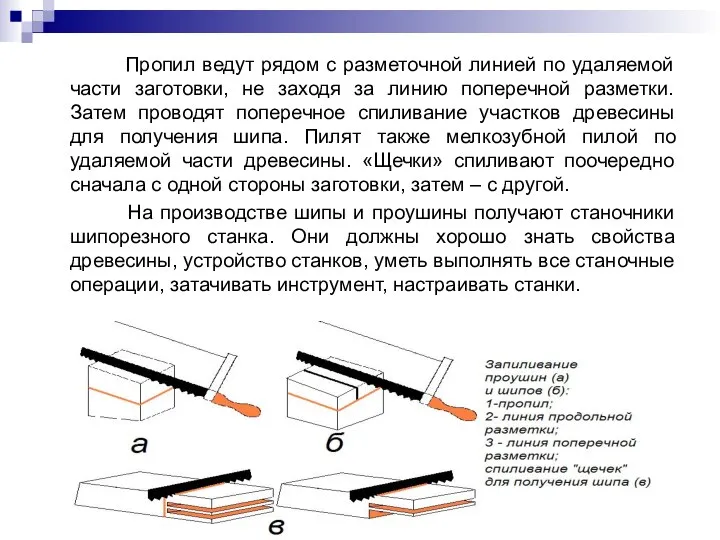 Пропил ведут рядом с разметочной линией по удаляемой части заготовки, не заходя