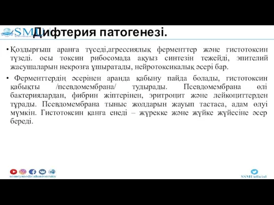 Дифтерия патогенезі. Қоздырғыш аранға түседі,агрессиялық ферменттер және гистотоксин түзеді. осы токсин рибосомада