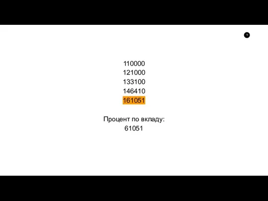 110000 121000 133100 146410 161051 Процент по вкладу: 61051