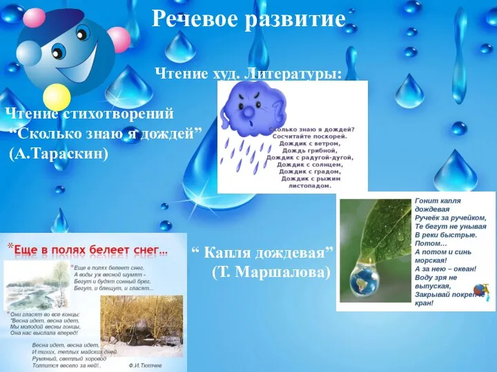 Речевое развитие Чтение худ. Литературы: Чтение стихотворений “Сколько знаю я дождей” (А.Тараскин)