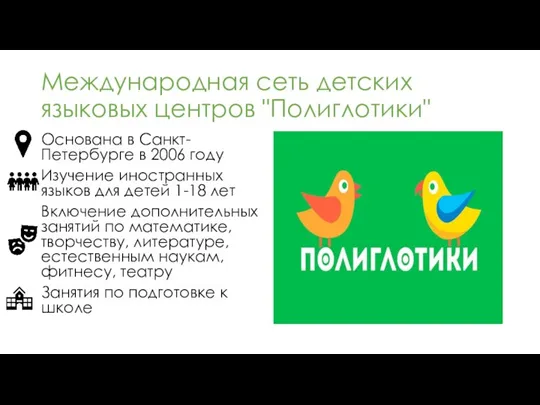 Международная сеть детских языковых центров "Полиглотики" Основана в Санкт-Петербурге в 2006 году