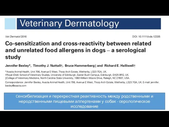 Cенсибилизация и перекрестная реактивность между родственными и неродственными пищевыми аллергенами у собак - серологическое исследование