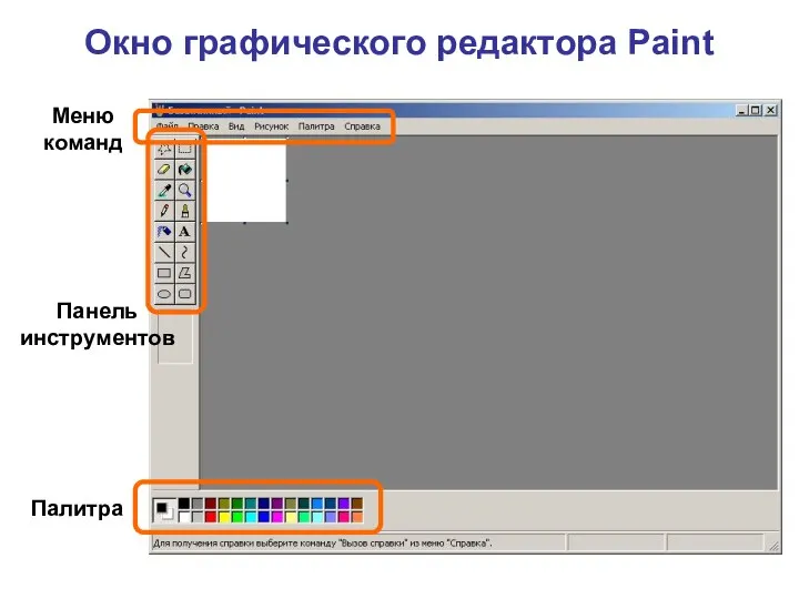 Окно графического редактора Paint Меню команд Панель инструментов Палитра