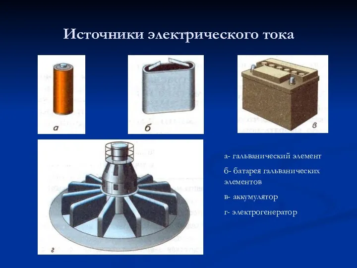 Источники электрического тока а- гальванический элемент б- батарея гальванических элементов в- аккумулятор г- электрогенератор