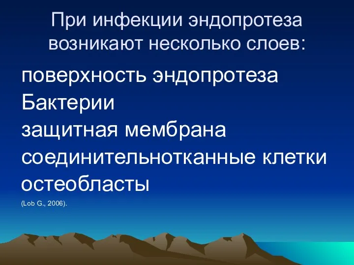 При инфекции эндопротеза возникают несколько слоев: поверхность эндопротеза Бактерии защитная мембрана соединительнотканные