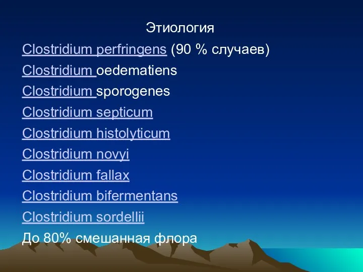 Этиология Clostridium perfringens (90 % случаев) Clostridium oedematiens Clostridium sporogenes Clostridium septicum