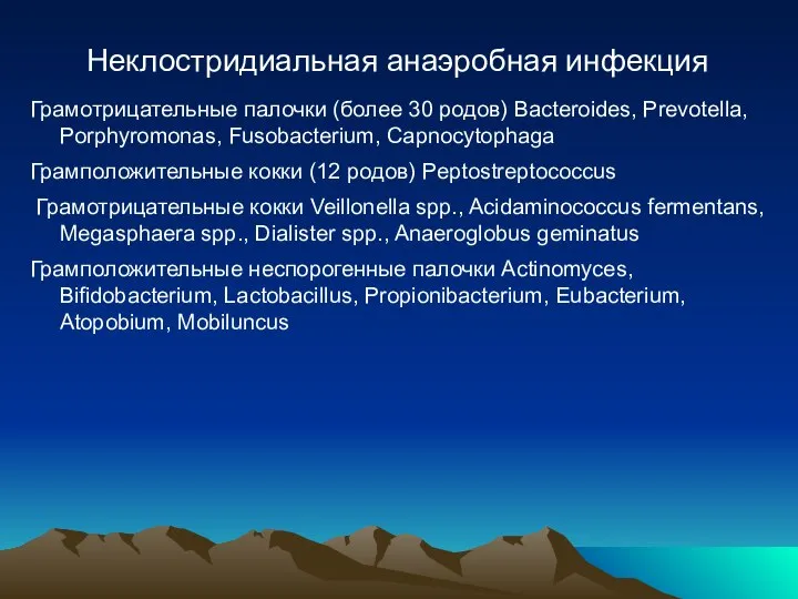 Неклостридиальная анаэробная инфекция Грамотрицательные палочки (более 30 родов) Bacteroides, Prevotella, Porphyromonas, Fusobacterium,