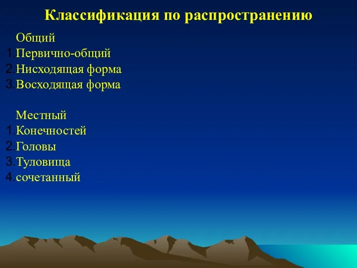 Классификация по распространению Общий Первично-общий Нисходящая форма Восходящая форма Местный Конечностей Головы Туловища сочетанный