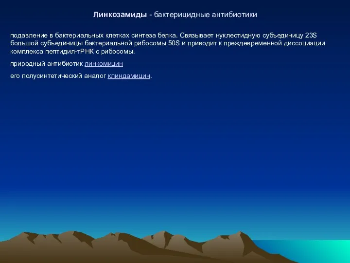 Линкозамиды - бактерицидные антибиотики подавление в бактериальных клетках синтеза белка. Связывает нуклеотидную