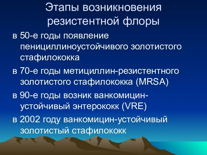 Этапы возникновения резистентной флоры в 50-е годы появление пенициллиноустойчивого золотистого стафилококка в