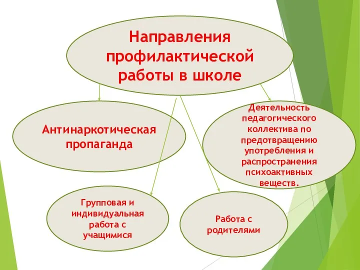 Антинаркотическая пропаганда Групповая и индивидуальная работа с учащимися Работа с родителями Деятельность