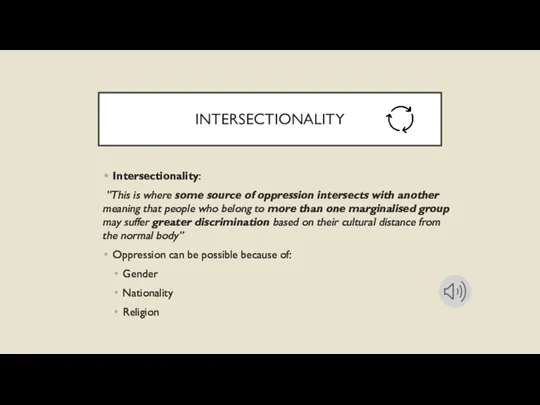 INTERSECTIONALITY Intersectionality: ”This is where some source of oppression intersects with another