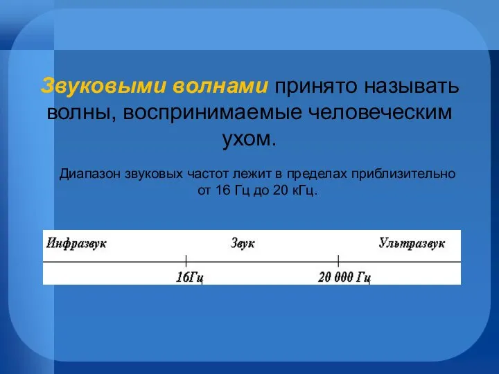 Звуковыми волнами принято называть волны, воспринимаемые человеческим ухом. Диапазон звуковых частот лежит