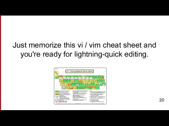 Just memorize this vi / vim cheat sheet and you're ready for lightning-quick editing.