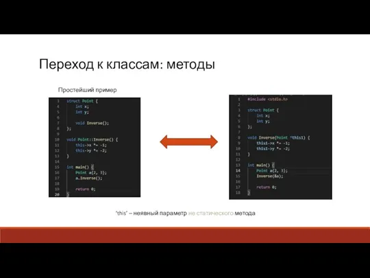 Переход к классам: методы Простейший пример ‘this’ – неявный параметр не статического метода