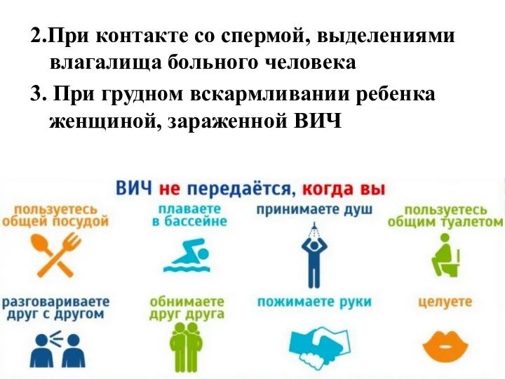 2.При контакте со спермой, выделениями влагалища больного человека 3. При грудном вскармливании ребенка женщиной, зараженной ВИЧ