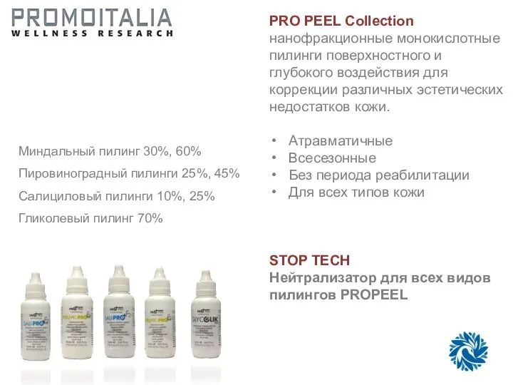 PRO PEEL Collection нанофракционные монокислотные пилинги поверхностного и глубокого воздействия для коррекции