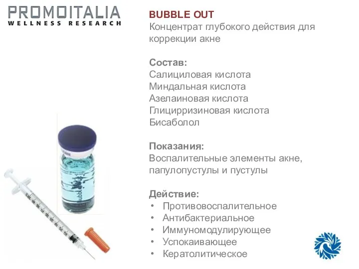 BUBBLE OUT Концентрат глубокого действия для коррекции акне Состав: Салициловая кислота Миндальная