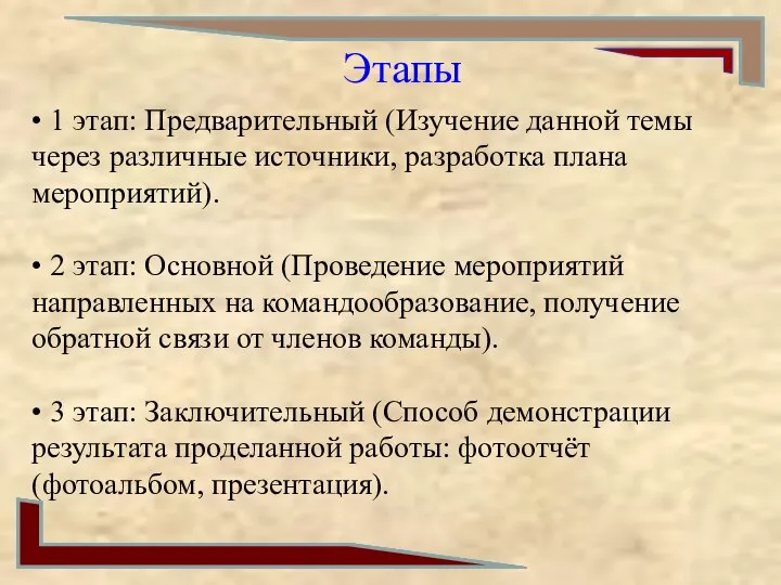 Этапы • 1 этап: Предварительный (Изучение данной темы через различные источники, разработка