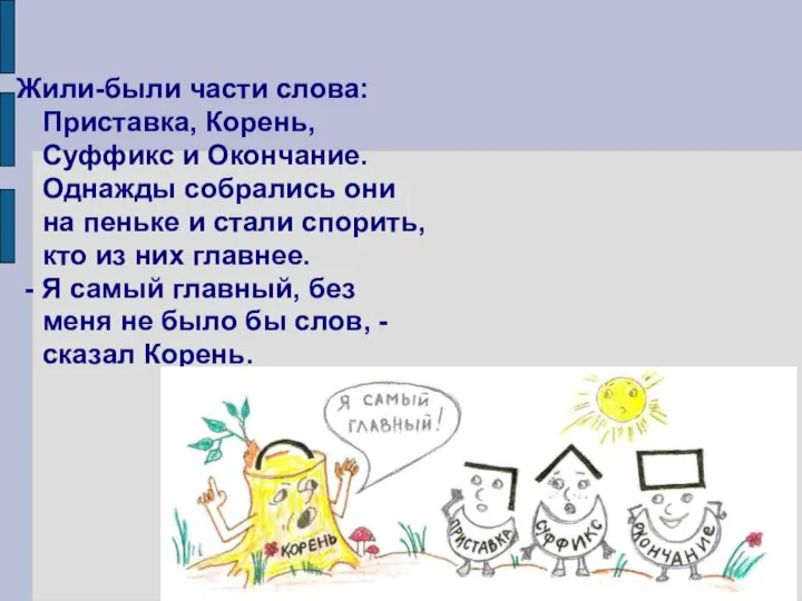 Жили-были части слова: Приставка, Корень, Суффикс и Окончание. Однажды собрались они на