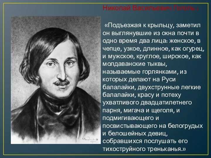 Николай Васильевич Гоголь : «Подъезжая к крыльцу, заметил он выглянувшие из окна
