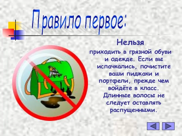 Нельзя приходить в грязной обуви и одежде. Если вы испачкались, почистите ваши