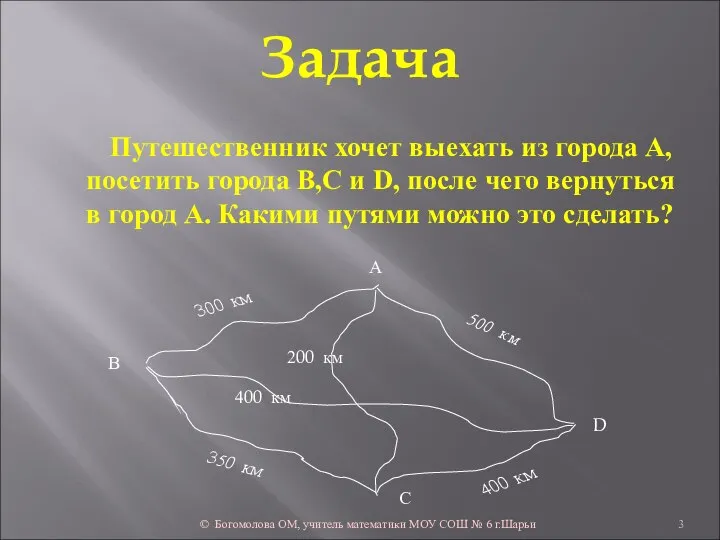 Задача Путешественник хочет выехать из города А, посетить города В,С и D,